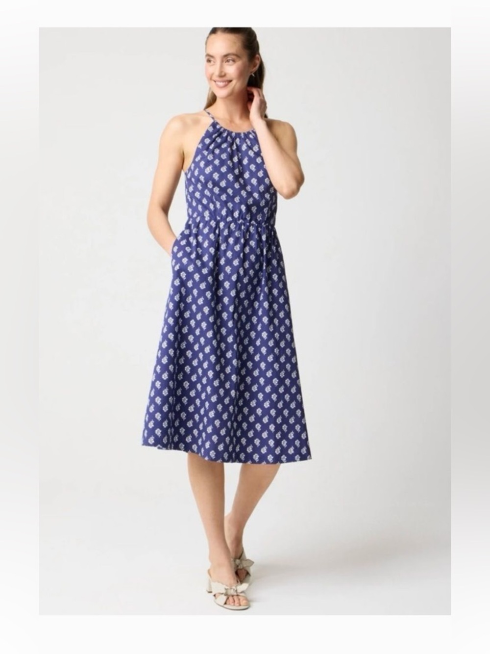J.Crew Strappy Poplin Halter Midi Dress in Navy and White Floral
